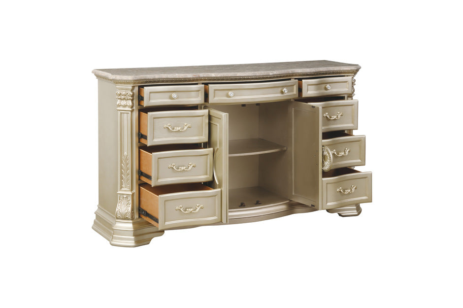 Homelegance Antoinetta dresser, featuring carved moldings, marble top, and antique-style hardware in a traditional European design open.