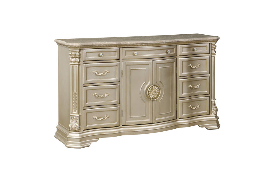 Homelegance Antoinetta dresser, featuring carved moldings, marble top, and antique-style hardware in a traditional European design side view.