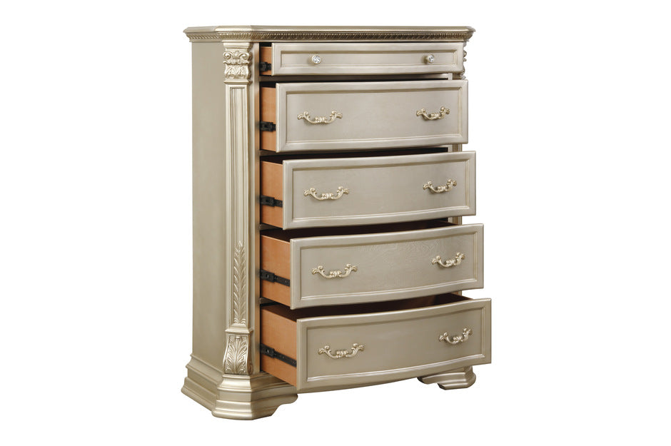 Homelegance Antoinetta chest with six spacious drawers, adorned with bead moldings and sunburst medallion, in a champagne wood finish open.