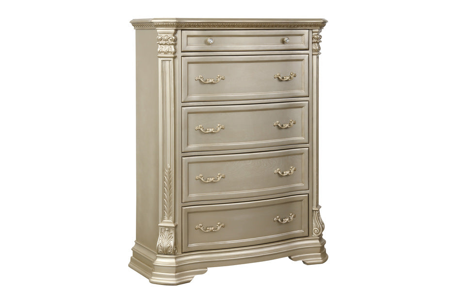 Homelegance Antoinetta chest with six spacious drawers, adorned with bead moldings and sunburst medallion, in a champagne wood finish.