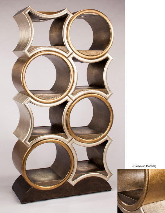 Decorative metal shelf with circular design on a gray background