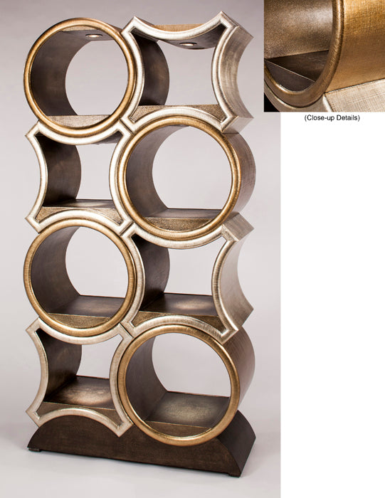 Decorative shelf with circular design on a white background