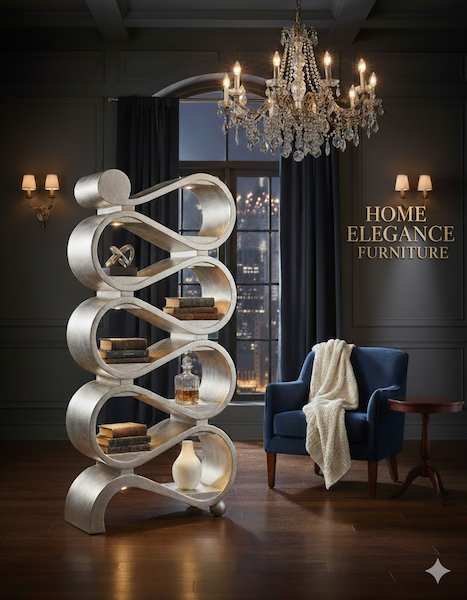 Decorative silver shelf in a luxurious room with a chandelier and armchair.