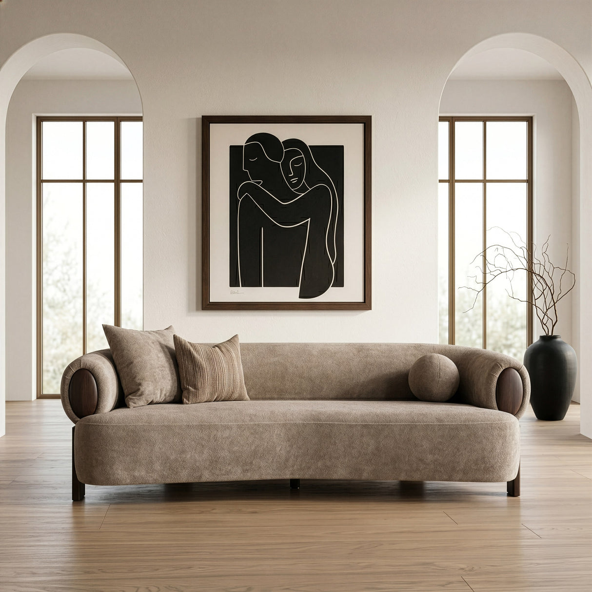 Arnaud - Modern Tan Fabric + Brown Oak Sofa - View Image 1