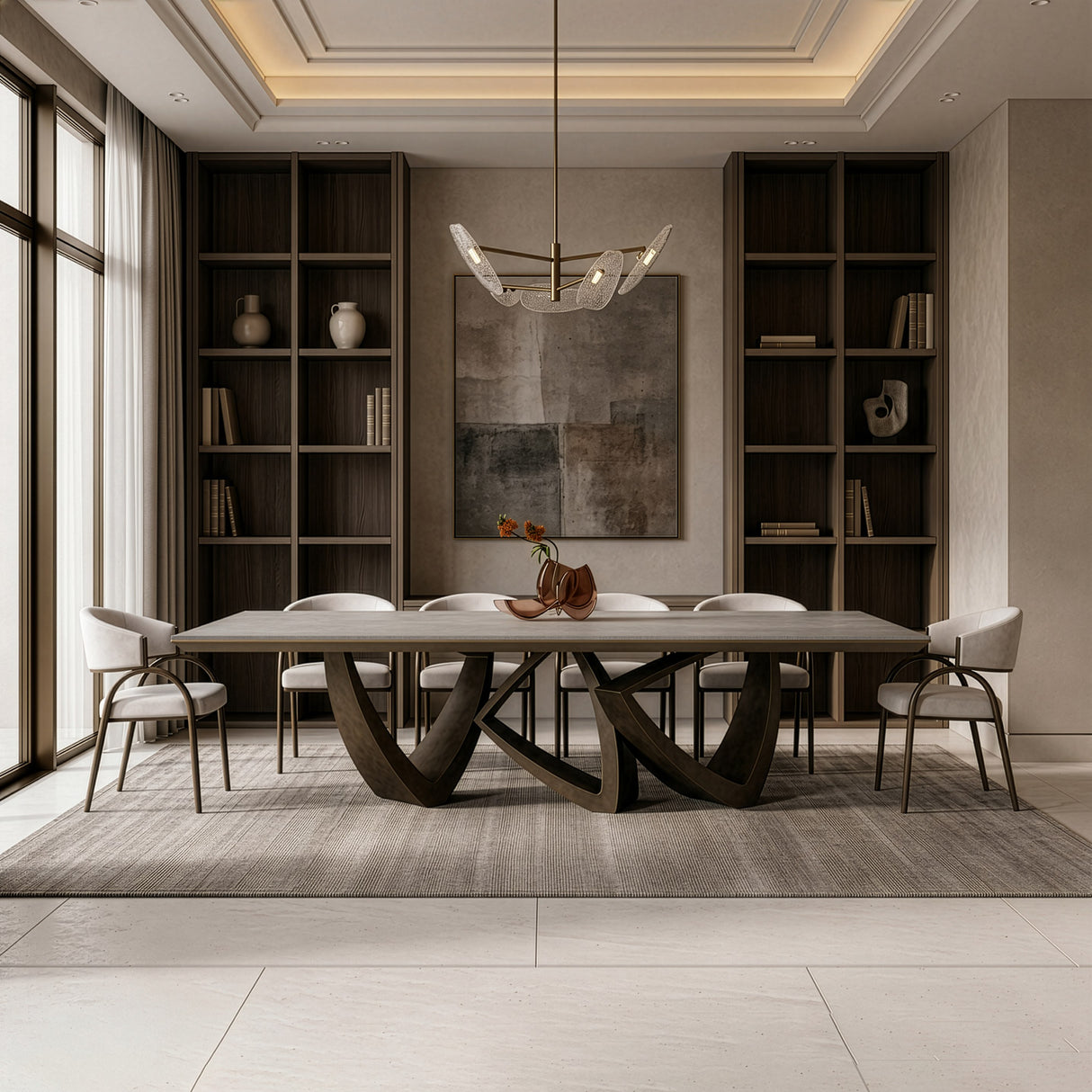Dollemore - Modern Faux Travertine Ceramic + Antique Brass Dining Table - View Image 1