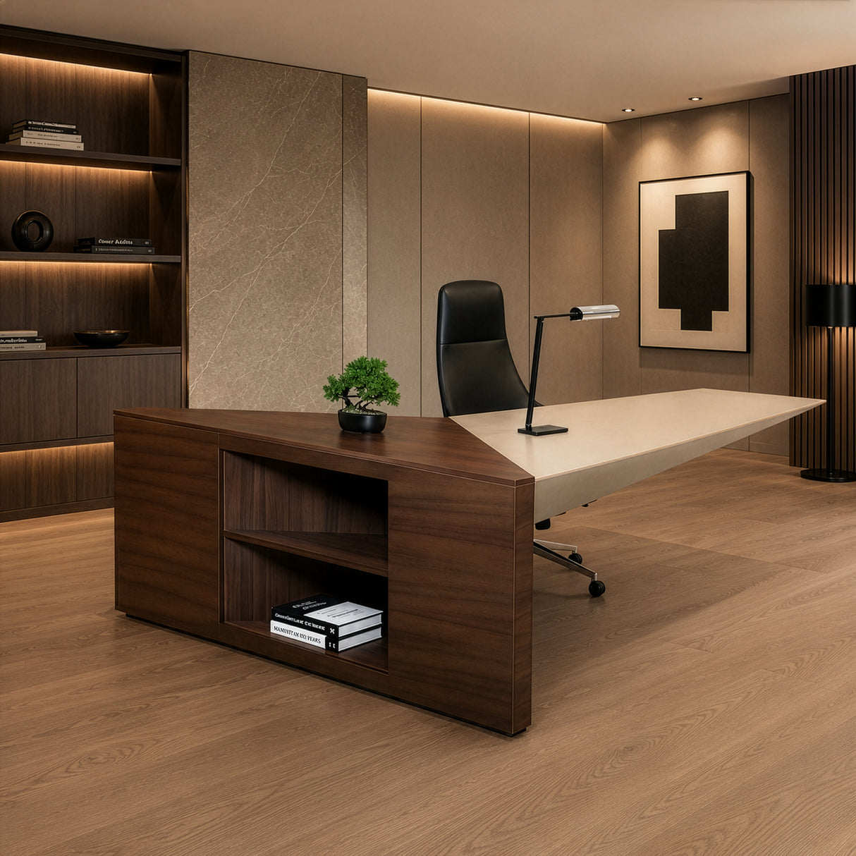 Pilot - Modern Dark Walnut + Beige Leather Desk - View Image 1