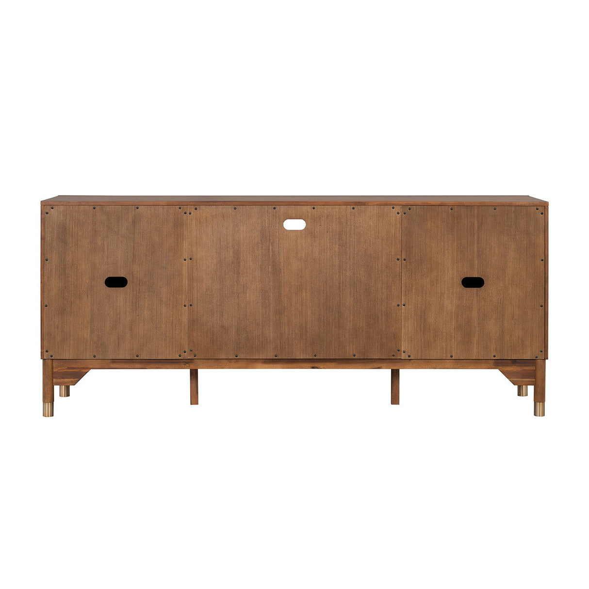 Mid-Century Modern TV Stand Gold Capped Legs Adjustable Shelves Walnut Finish - sold by Home Elegance USA