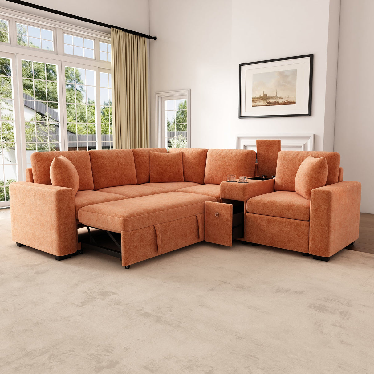 120.5' L-shaped Convertible Sofa Bed Modular Sectional Sofa Reversible Sleeper with Pull-Out Bed, Cup Holders, and Ample Storage Space for Living Room(Old SKU:N719S001940G), Orange - sold by Home Elegance USA