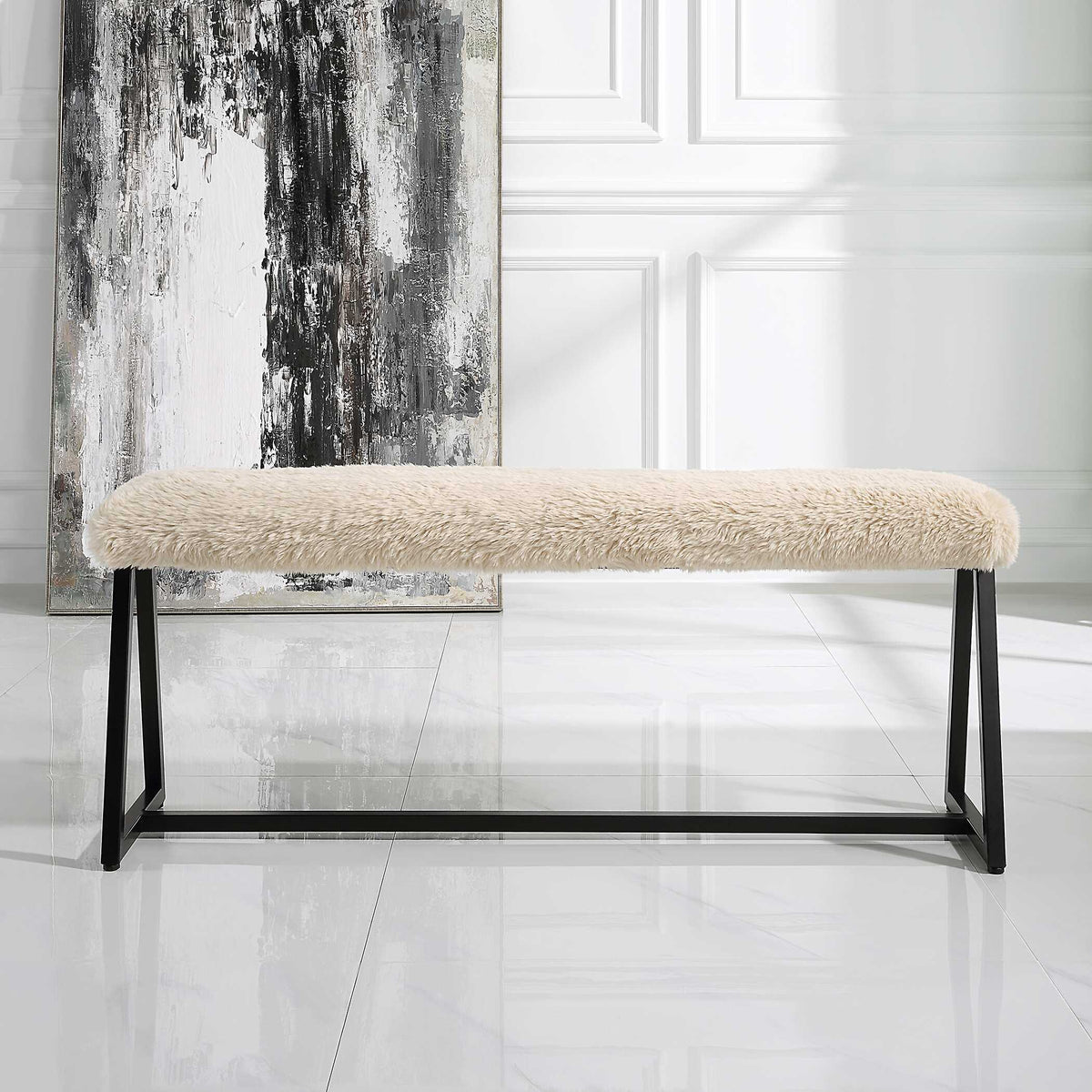 Taupo Sheepskin Bench - Beige / Black by Uttermost - View 3