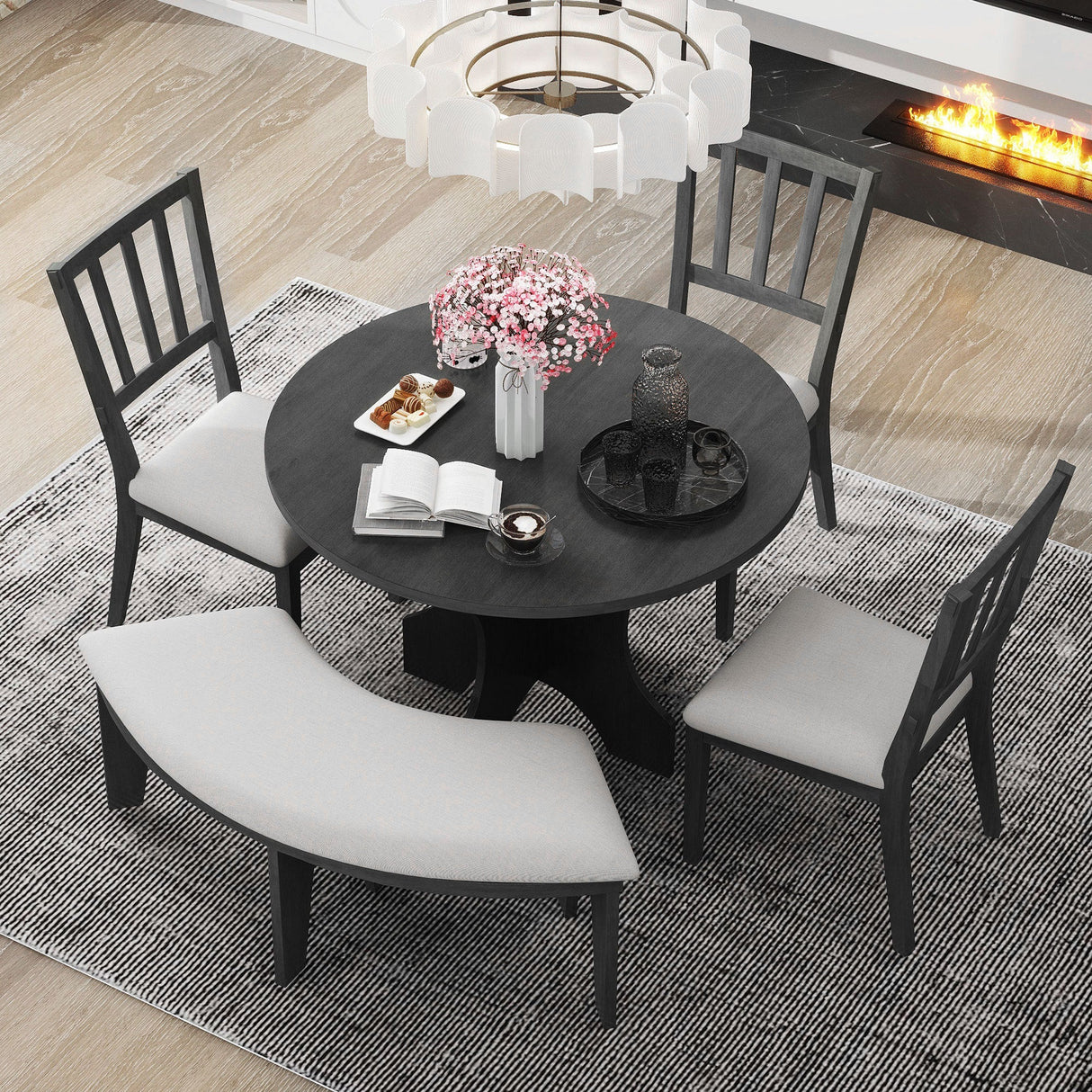 TREXM 5-piece Rustic Charm Round Dining Set with 3 Upholstered Chairs and Curved Bench for Dining Room, Kitchen and Living Room (Gray) - sold by Home Elegance USA