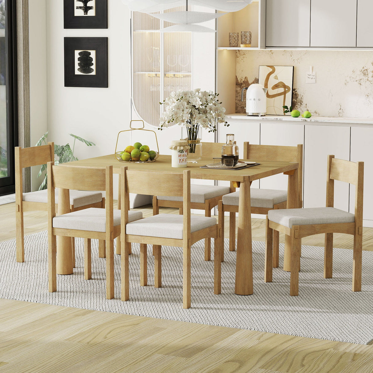 TREXM 7-Piece Retro Dining Table Set for 6, Wood Dining Table Set for 6 with Upholstered Chairs for kitchen & Dining Room (Natural Wood Wash) - sold by Home Elegance USA