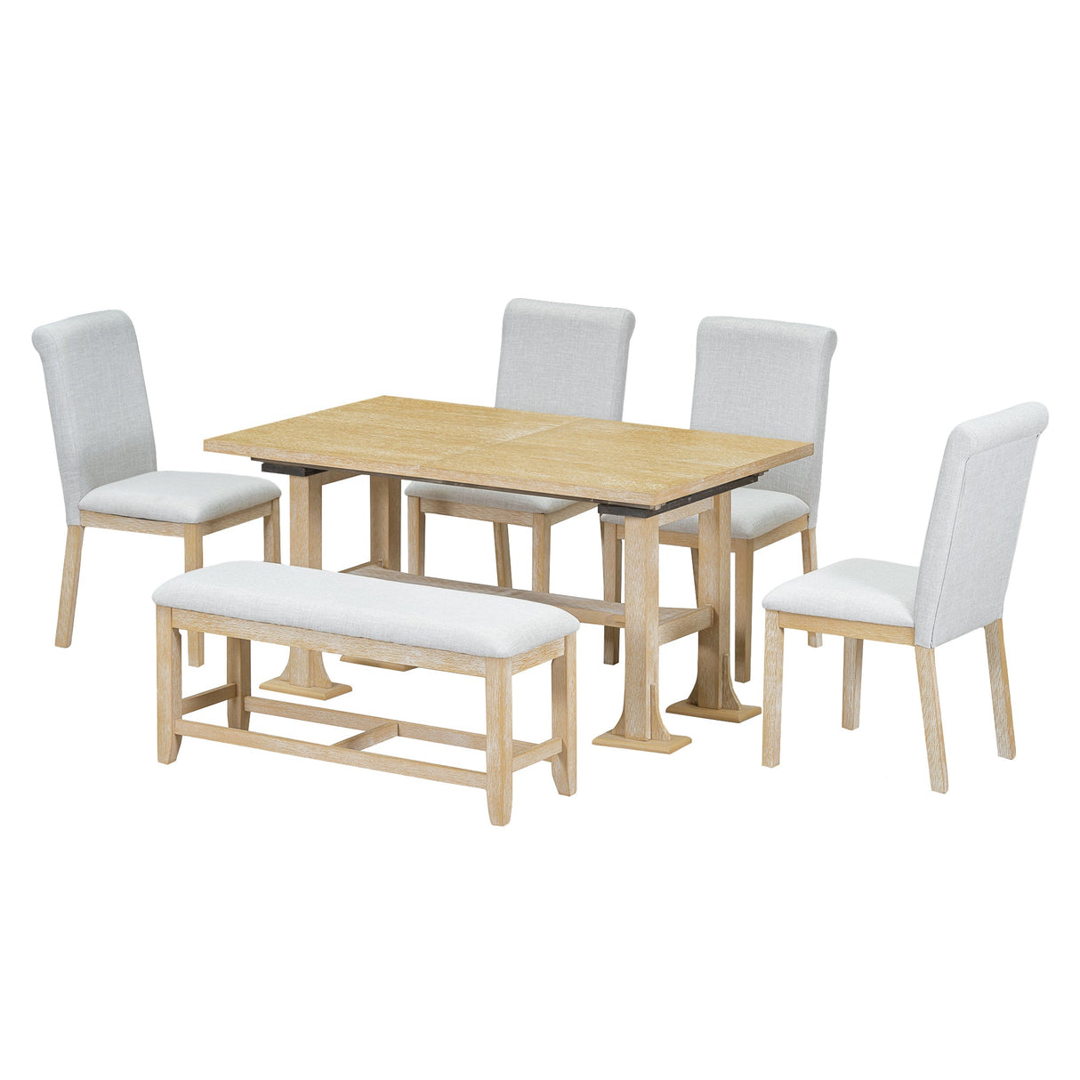 TOPMAX Farmhouse 76inch 6-Piece Extendable Dining Table Set with Trestle Base, Upholstered Chairs & Bench, Natural Wood and Light Gray Fabric - sold by Home Elegance USA