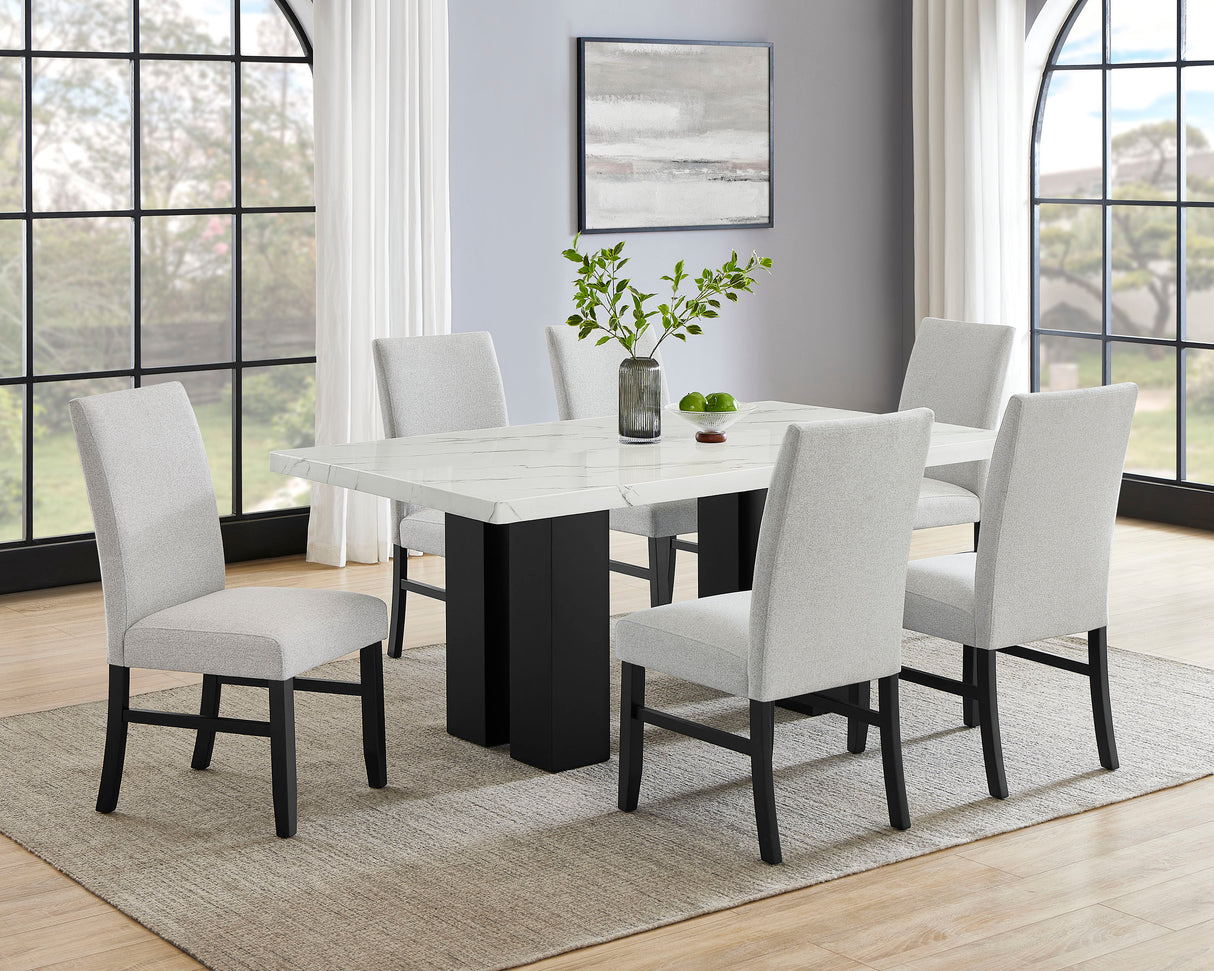 7pc Dining Set White Rectangular Marble-like Tabletop Dark-finished Base Upholstered Chairs Soft Wooden Dining Room Furniture