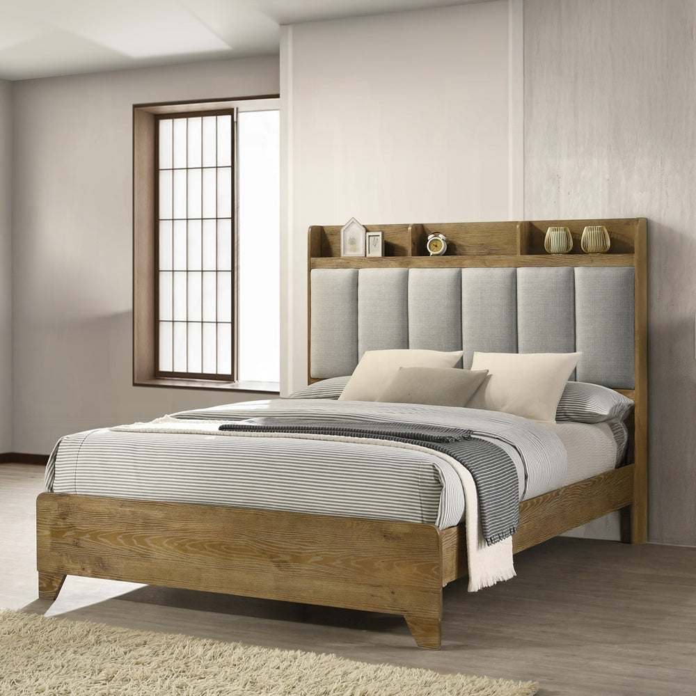 Transitional Brown Finish 1pc King Size Bed Upholstered Headboard USB Ports Wooden Bedroom Furniture