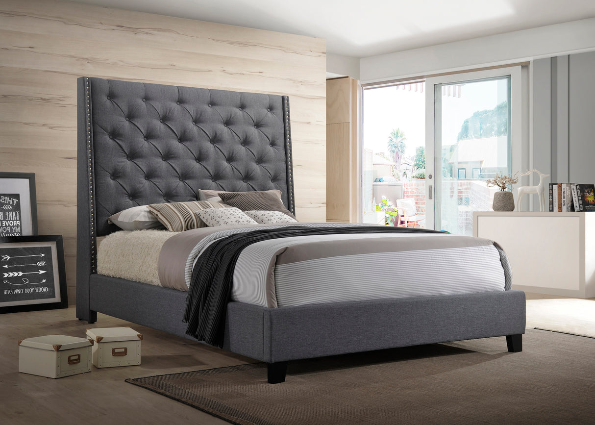 1pc Contemporary Style Queen Panel Upholstered Bed Button Tufted Demi-wings Nailhead Trim Gray Finish Bedroom Furniture