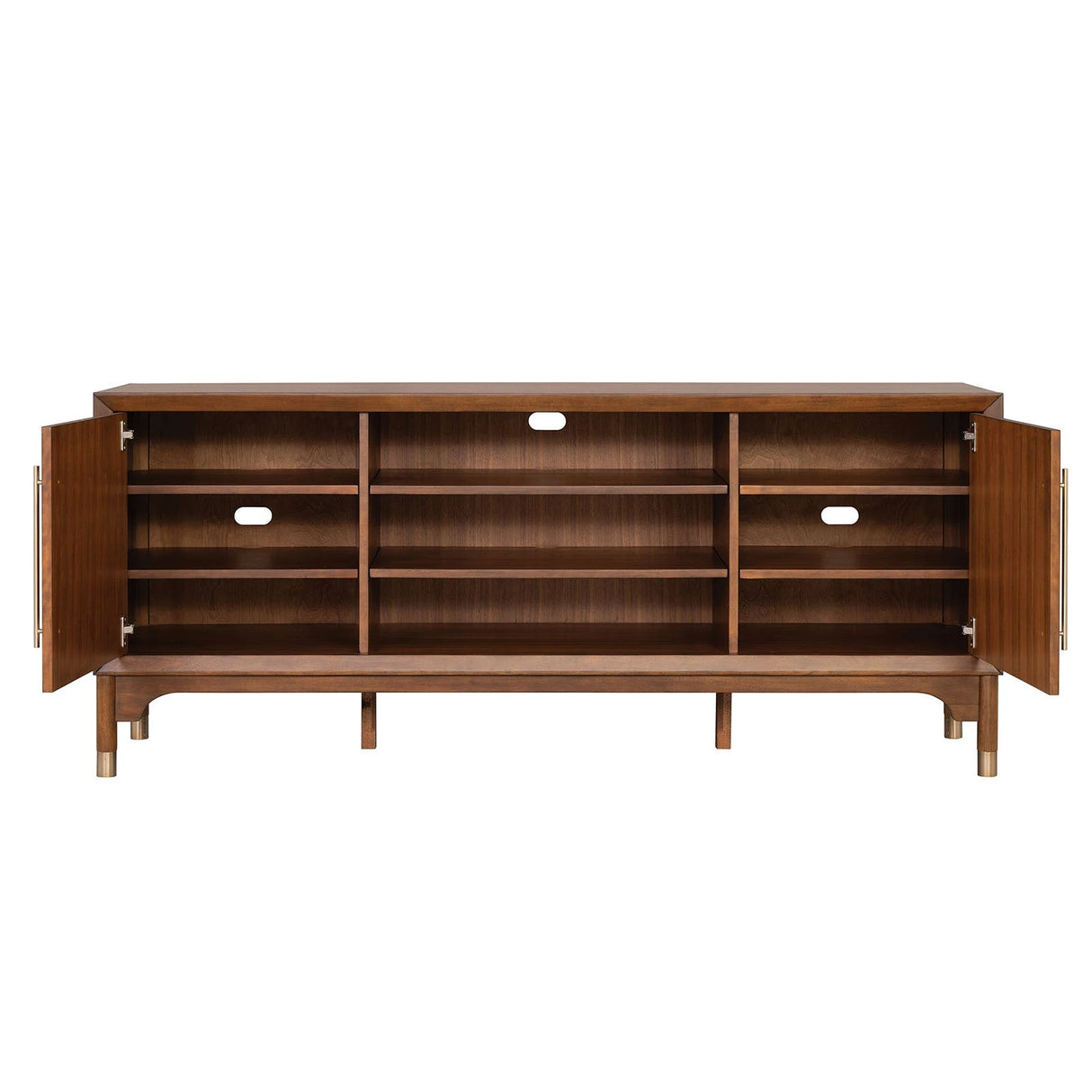 Mid-Century Modern TV Stand Gold Capped Legs Adjustable Shelves Walnut Finish - sold by Home Elegance USA
