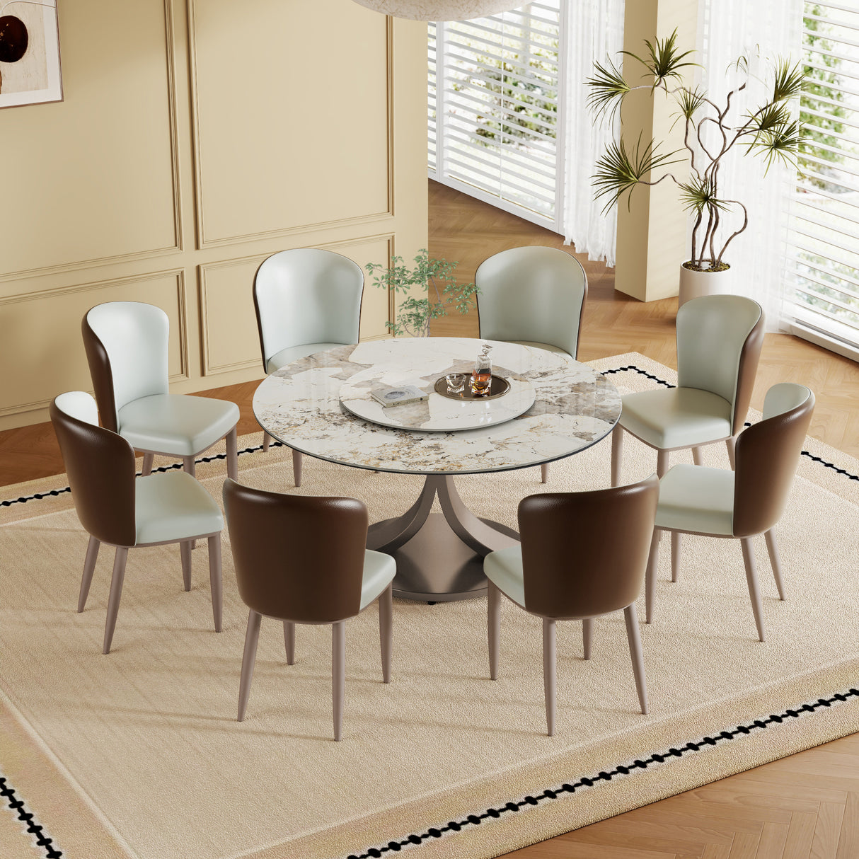 59' Round Dining Table with 360° Rotating Lazy Susan - Scratch & Heat Resistant Sintered Stone Tabletop for Dining Room & Kitchen(8 chairs)