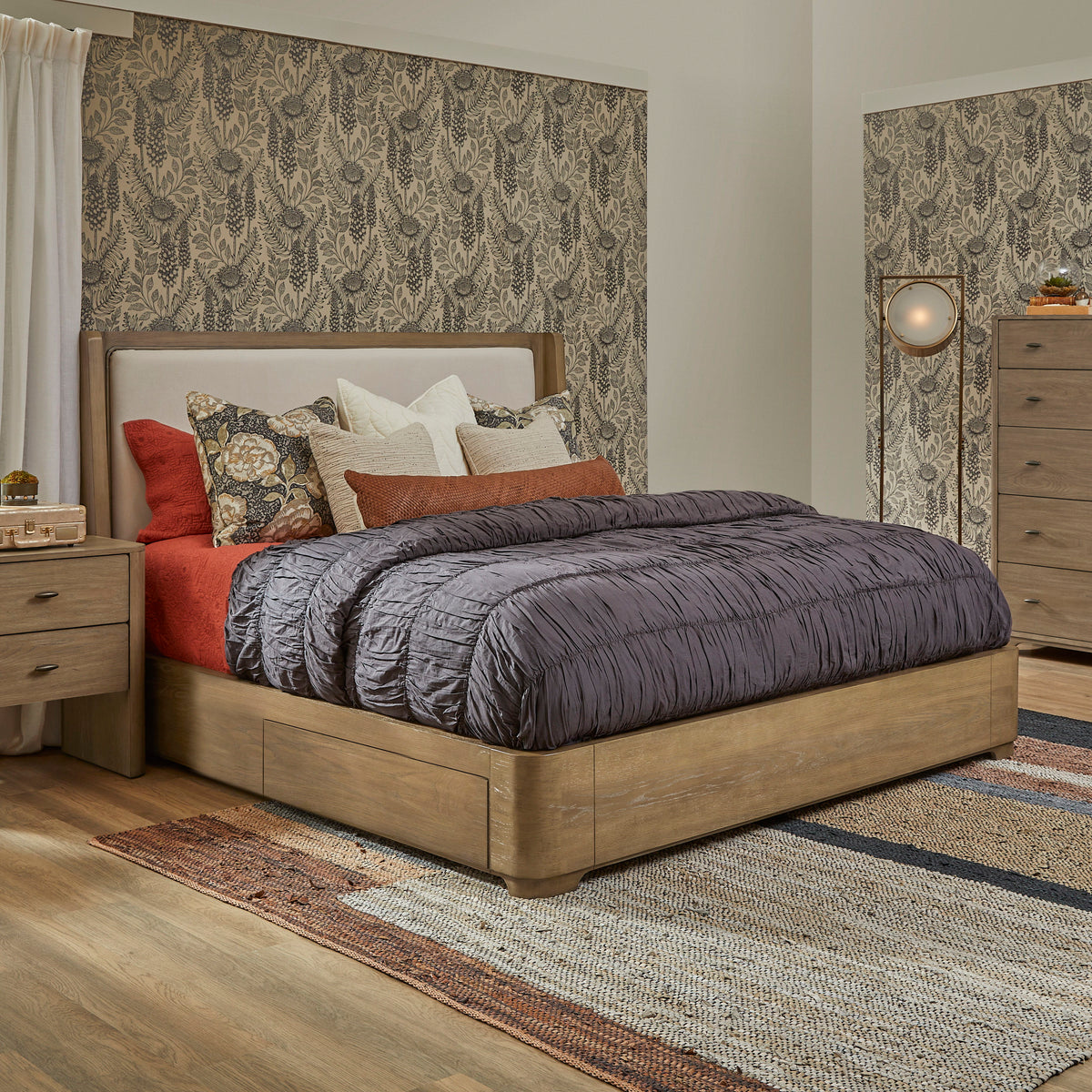 Normandy King Upholstered Storage Bed - Light Brown | Flexsteel