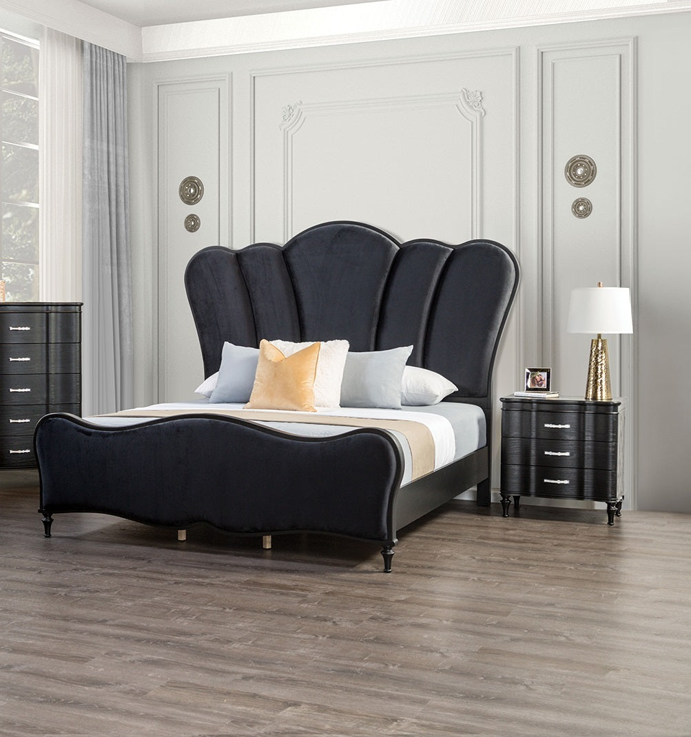 Lovely Attractive Bedroom 3pc Set Queen Size Bed 2x Nightstands Black Fabric Padded HB Wood Legs