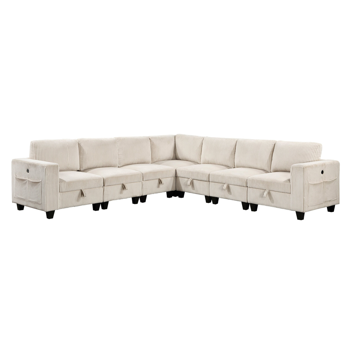 7-Piece Modular Sectional with Storage Seats, Side Pockets, Charging Ports Beige Corduroy Fabric Modern Living Room Sectional Couch Solid Wood Furniture - sold by Home Elegance USA