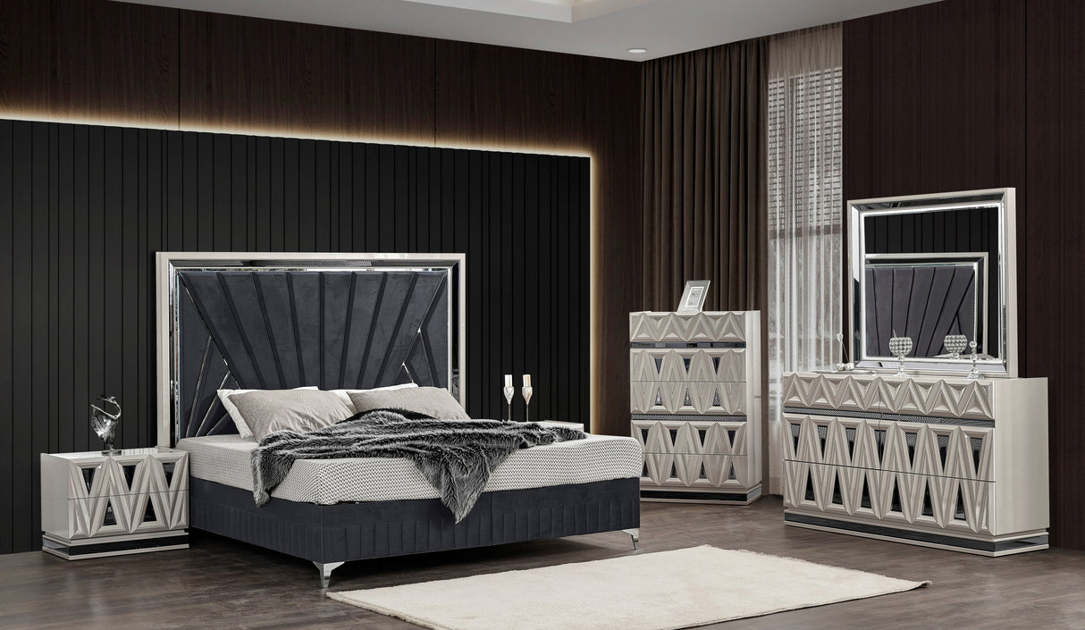 Lavita Modern & Contemporary Style 5 Pc King Upholstered Bedroom Set Made with Wood and Gold Accents in River Sand Grey (NJ Inventory)