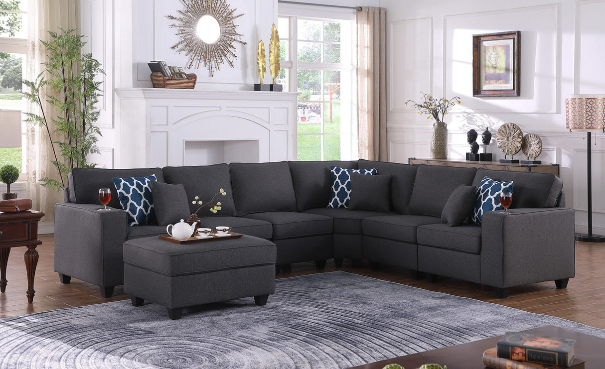 Cooper 125' Dark Gray Linen 7Pc Reversible L-Shape Sectional Sofa with Ottoman and Cupholder