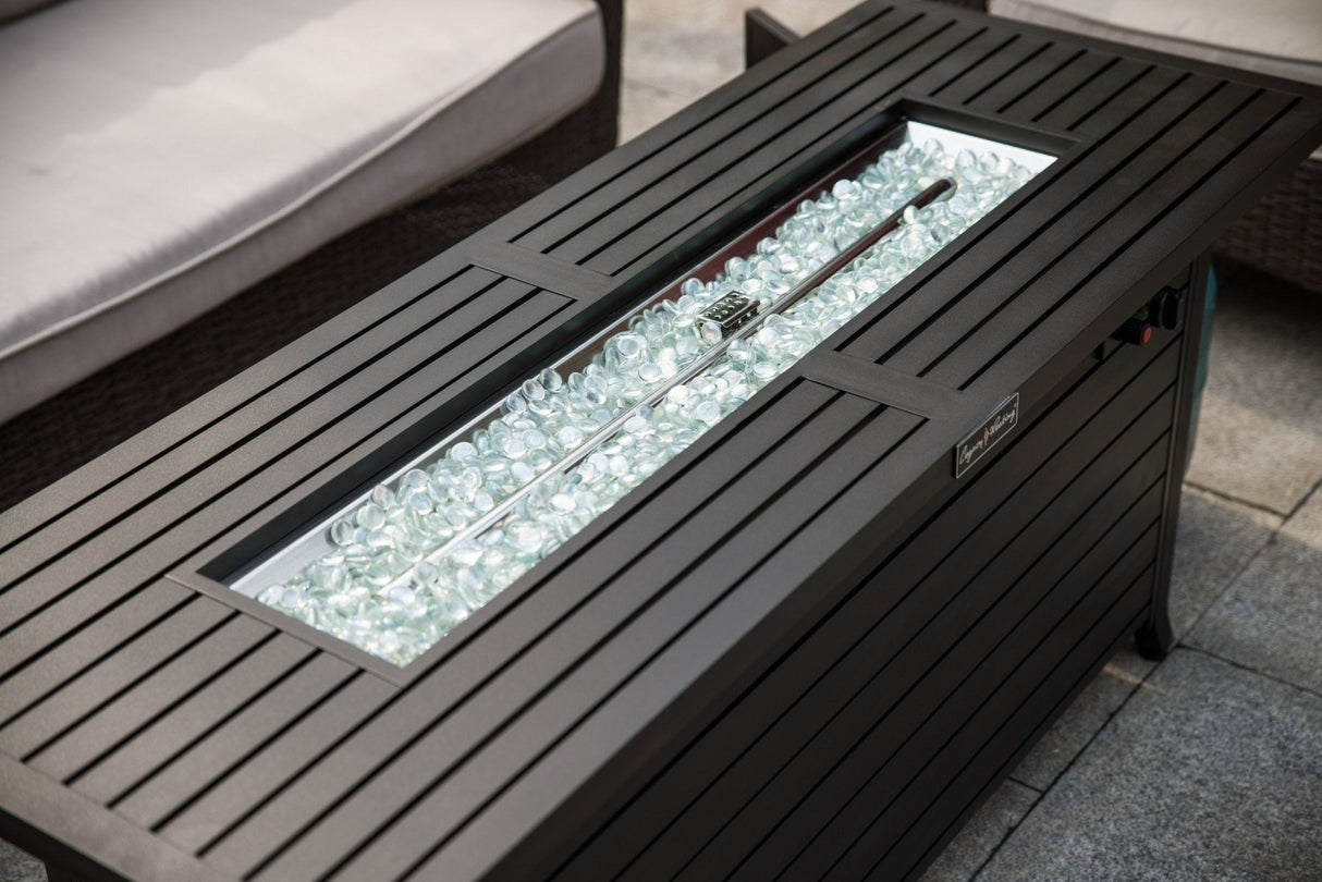57in Outdoor Gas Propane Fire Pits Table, Aluminum, 50000BTU Firepit Fireplace Dinning Table with Lid, Fire Glass, Retangular, ETL Certification, for Garden Backyard Deck Patio - Mocha | Home Elegance USA