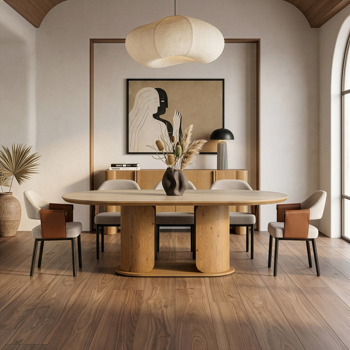 Walbrook - Modern Faux Travertine Ceramic + White Oak Oval Dining Table - View Image 1
