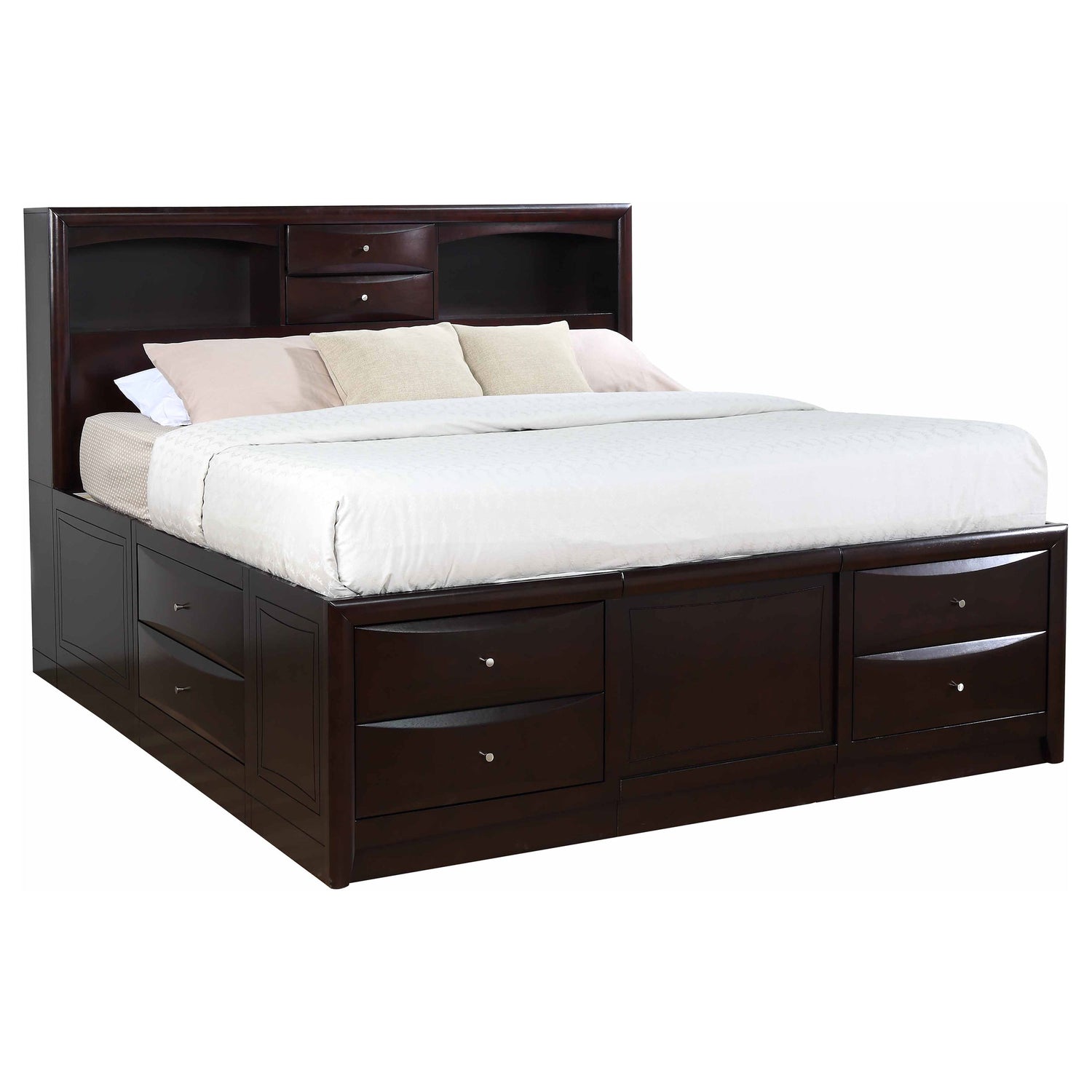 Eastern King Storage Bed - Phoenix Wood Eastern King Storage Bookcase Bed Cappuccino
