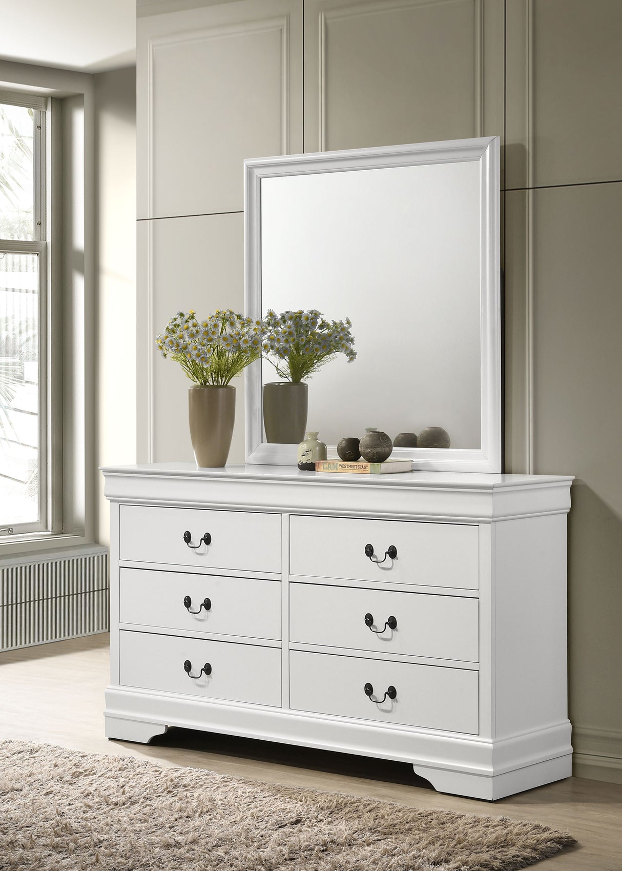 Louis Philippe 6-drawer Dresser and Mirror White - Home Elegance USA