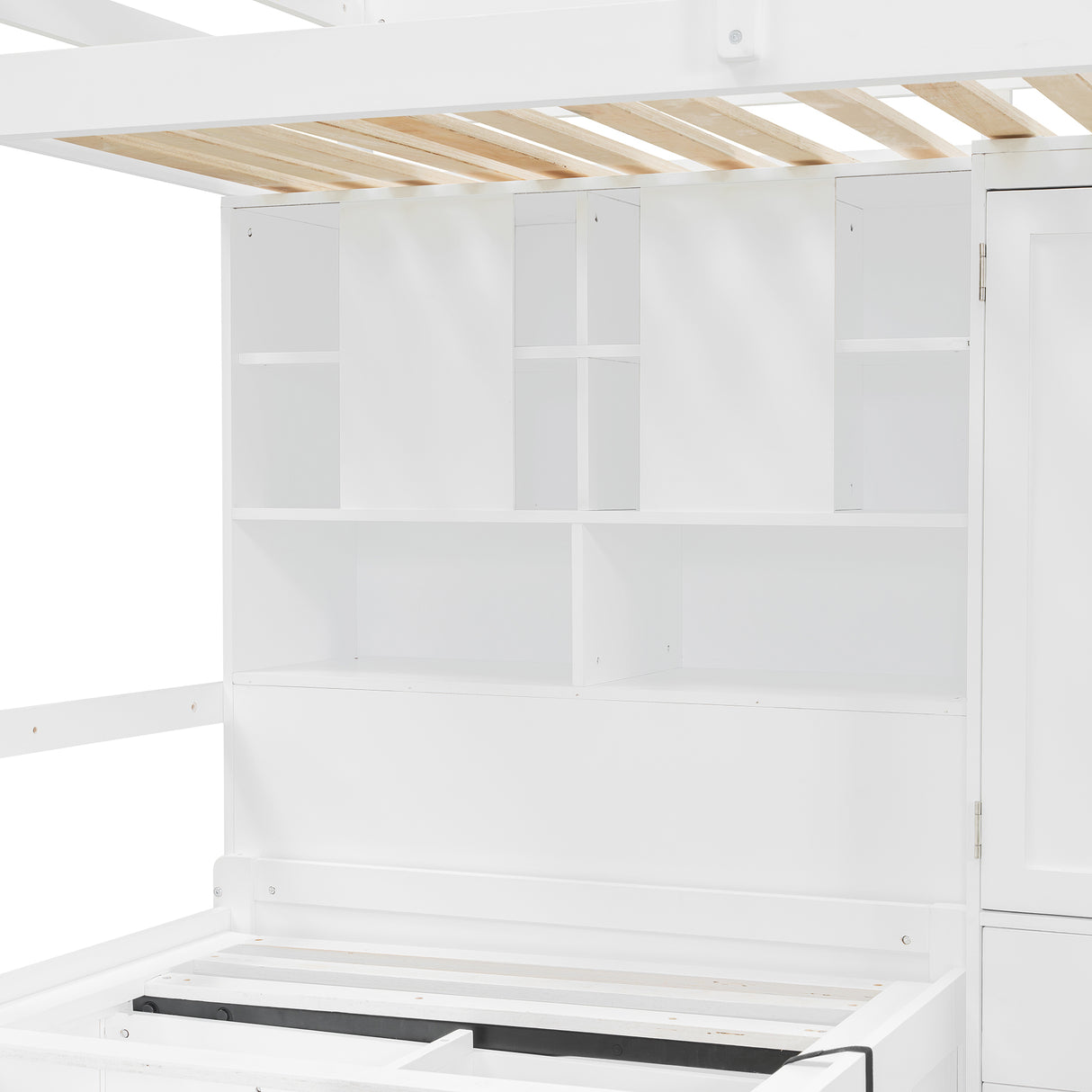 Twin Bunk Bed with Drawers, Wardrobe, Storage Shelves and Hydraulic Bed,White - sold by Home Elegance USA