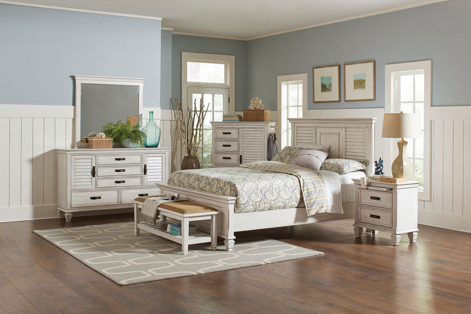 California King Bed - Franco Wood California King Panel Bed Distressed White