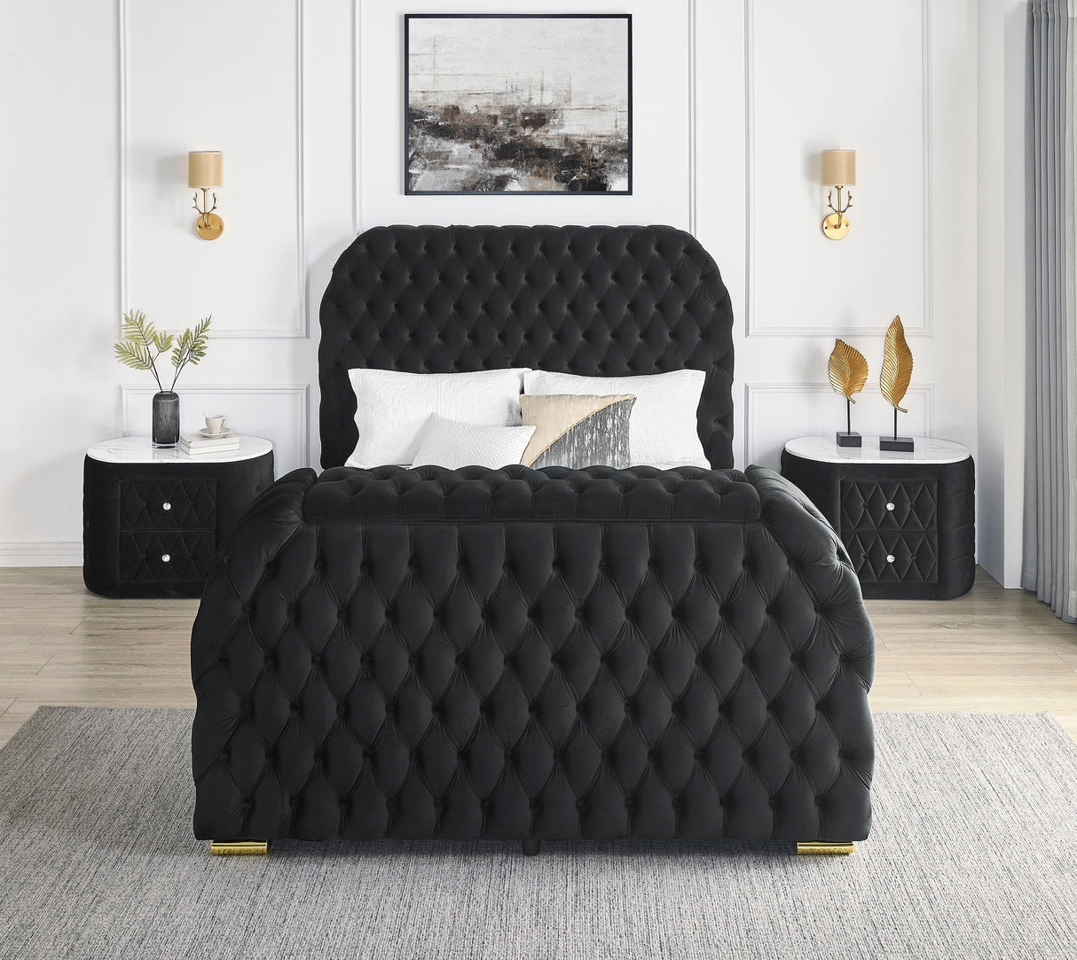 Luxurious Queen Size 3pc Bed Set Comfort Innovative Design Bed Deeply Tufted Headboard Upholstered Black Velvet Television Lift Built-in Electric Fireplace Bedroom Furniture 1x Bed 2x Nightstands - sold by Home Elegance USA