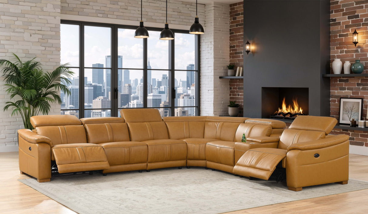Leather Match Modular Sectional with Recliner Seat and Adjustable Headrest and Storage Console with Cup Holders