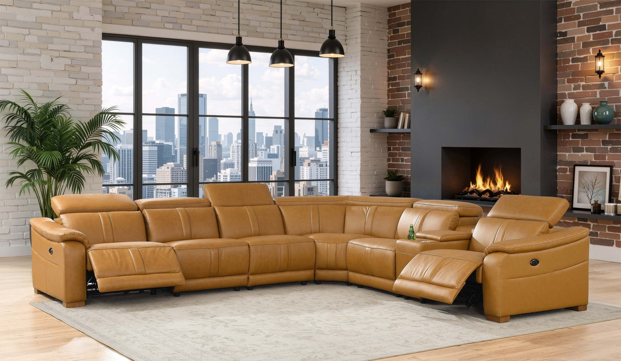 Leather Match Modular Sectional with Recliner Seat and Adjustable Headrest and Storage Console with Cup Holders - sold by Home Elegance USA