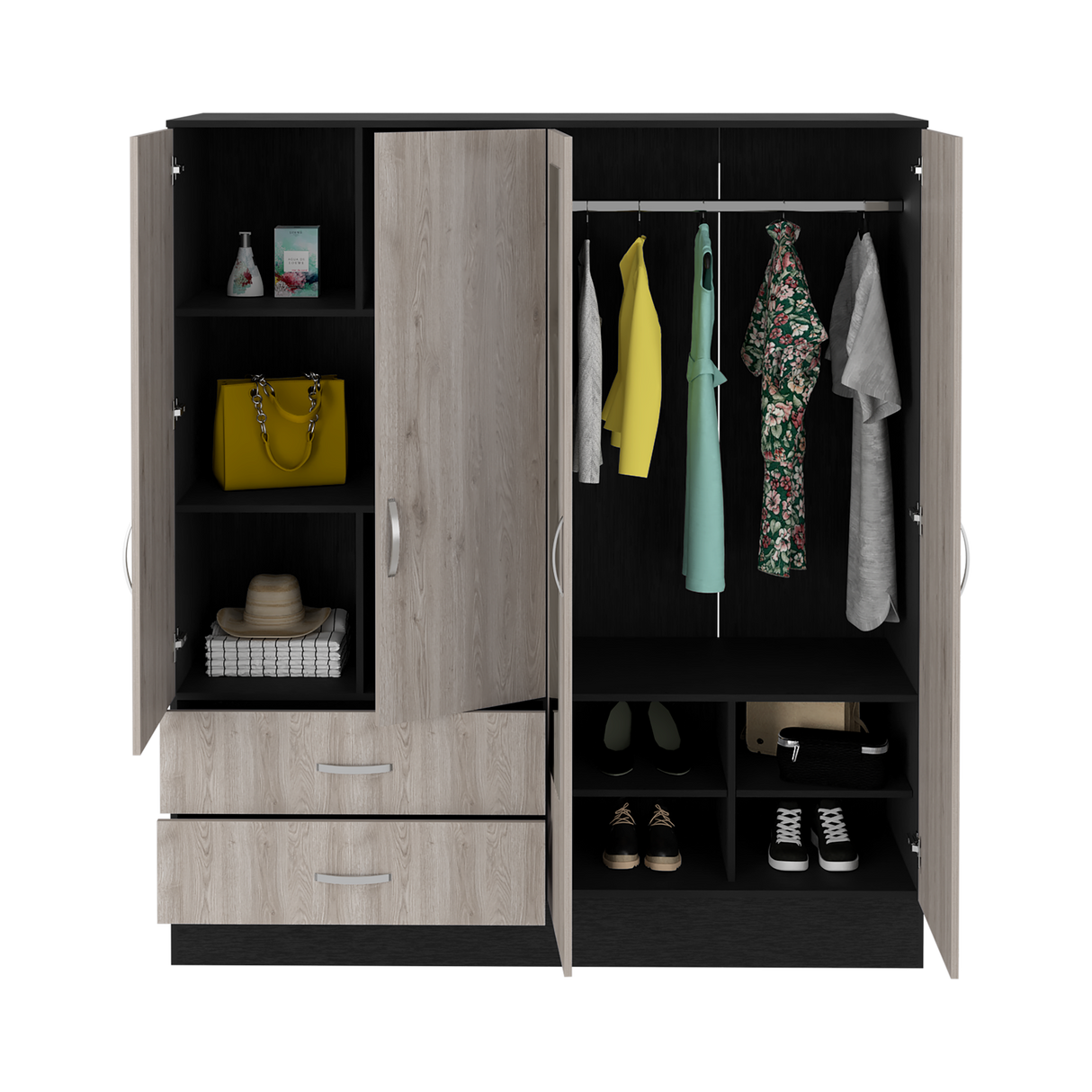 Bolton 160 Armoire, Six Shelves, Two Double Door Cabinets, Two Mirrors, Two Drawers, Rod Black / Light Gray - sold by Home Elegance USA