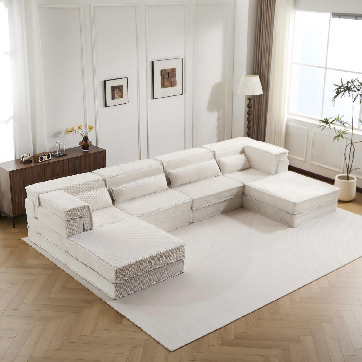Compression Mahjong Sofa,Convertible Floor Sofa Bed,DIY Boneless Modular Sectional Sofa,No Assembly Required,Circle fleece fabric,Oversized 4 Seater with 2 Ottoman,White - sold by Home Elegance USA