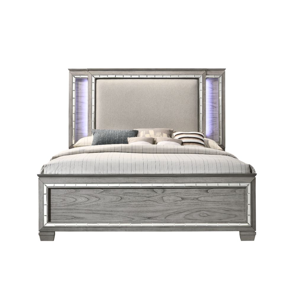 Antares Queen Bed 21820Q Fabric & Light Gray Oak Finish | Acme | Home Elegance USA