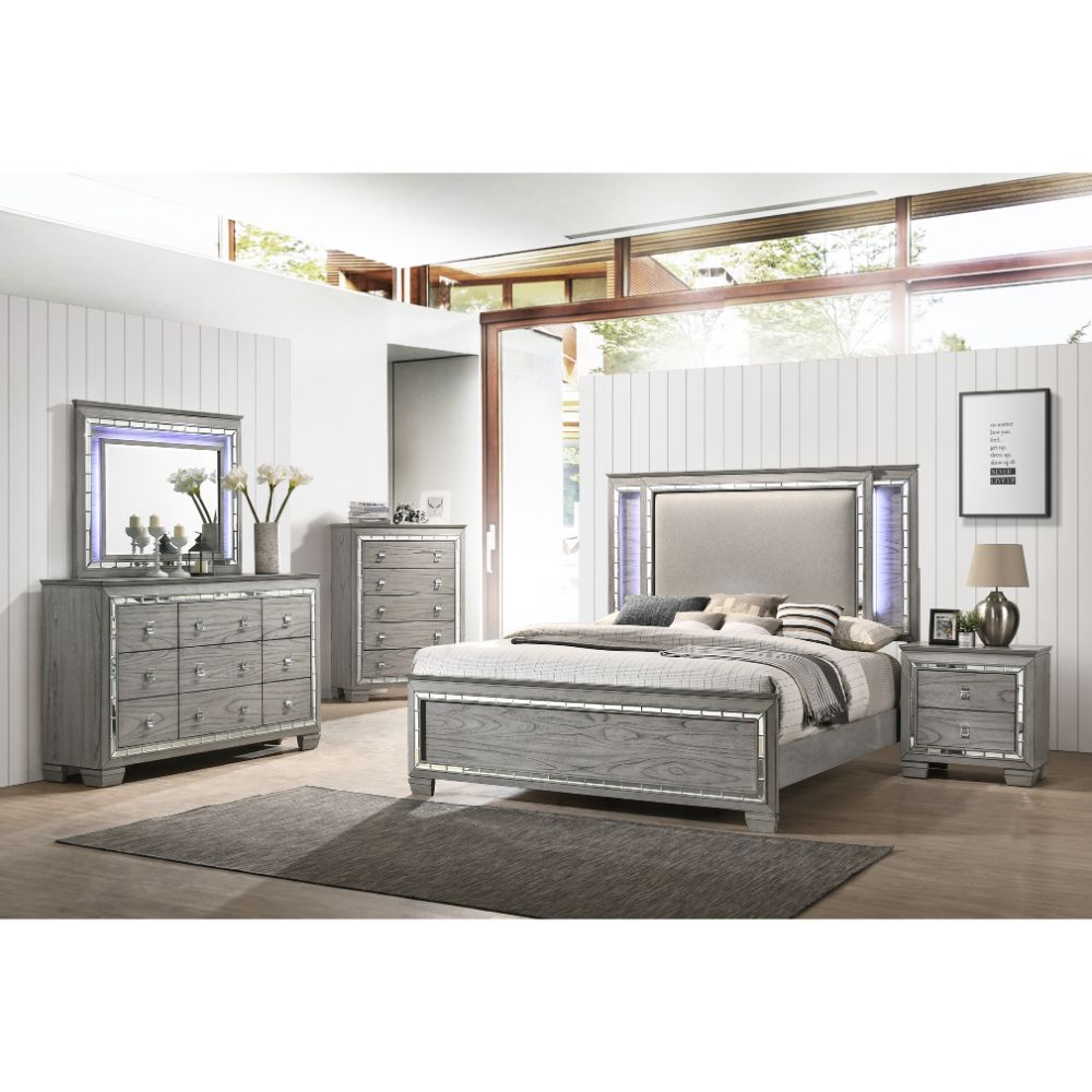 Antares Queen Bed 21820Q Fabric & Light Gray Oak Finish | Acme | Home Elegance USA