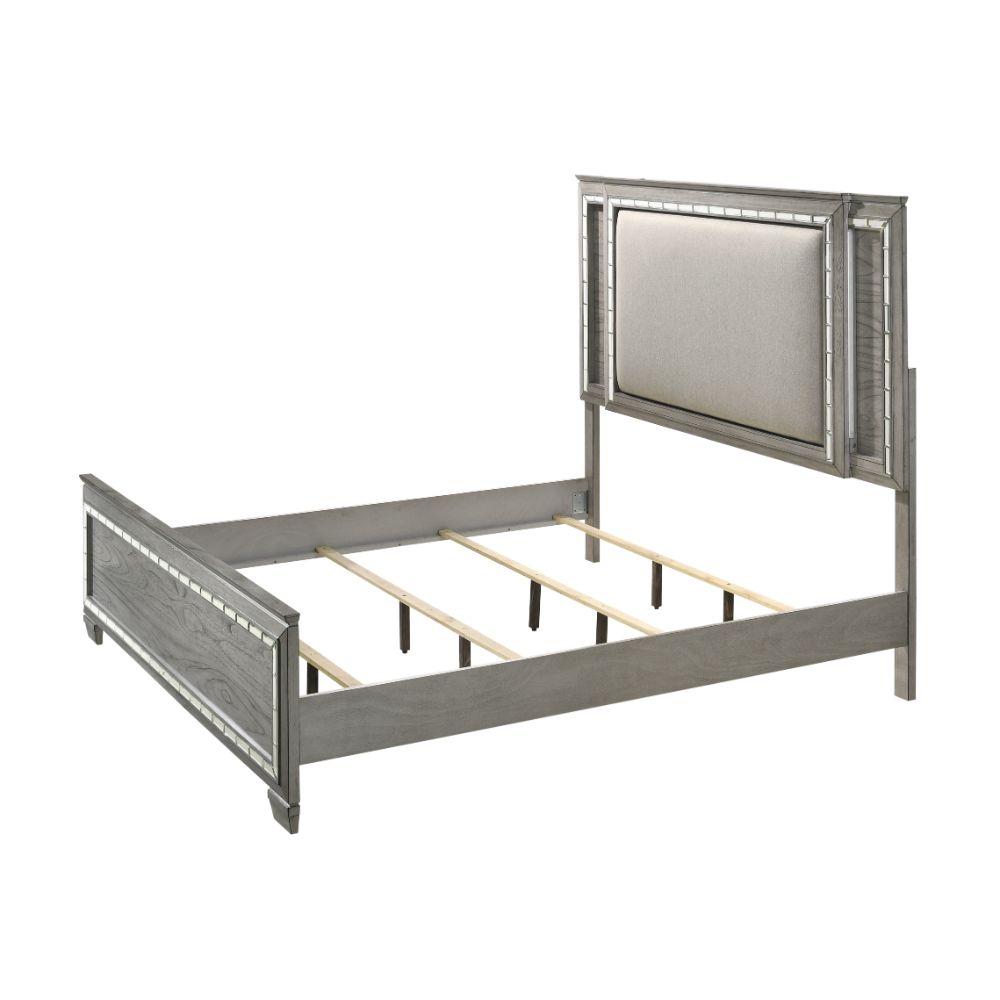 Antares Queen Bed 21820Q Fabric & Light Gray Oak Finish | Acme | Home Elegance USA
