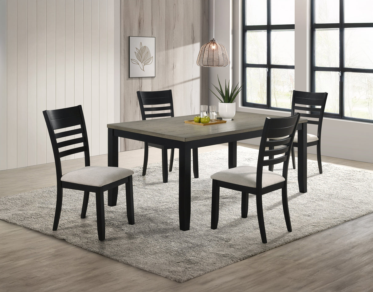 Juego de comedor contemporáneo de 5 piezas con mesa rectangular, base de madera en dos tonos, respaldo de escalera, sillas tapizadas, acabado en gris negro, muebles de comedor de madera