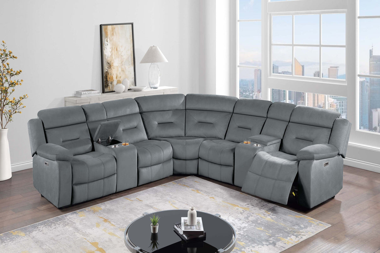 Contemporary Style Power Reclining Sectional Set Two Console Cup Holder Power Motion Dark Gray Finish Primary Living Room - sold by Home Elegance USA