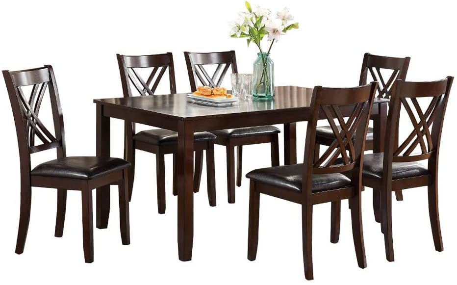 7pcs Dining Set Dining Table 6 Side Chairs Clean Espresso Finish Cushion Seats X Design back Chairs | Home Elegance USA