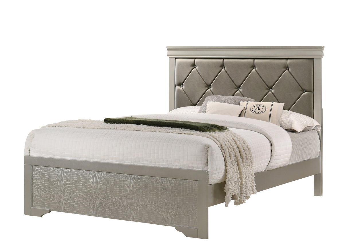 Modern 1pc Beige Champagne Finish King Size Panel Bed Wooden Crocodile Texture PU Upholstered Headboard Crystal-Like Button Tufted Fabric Bedroom Furniture
