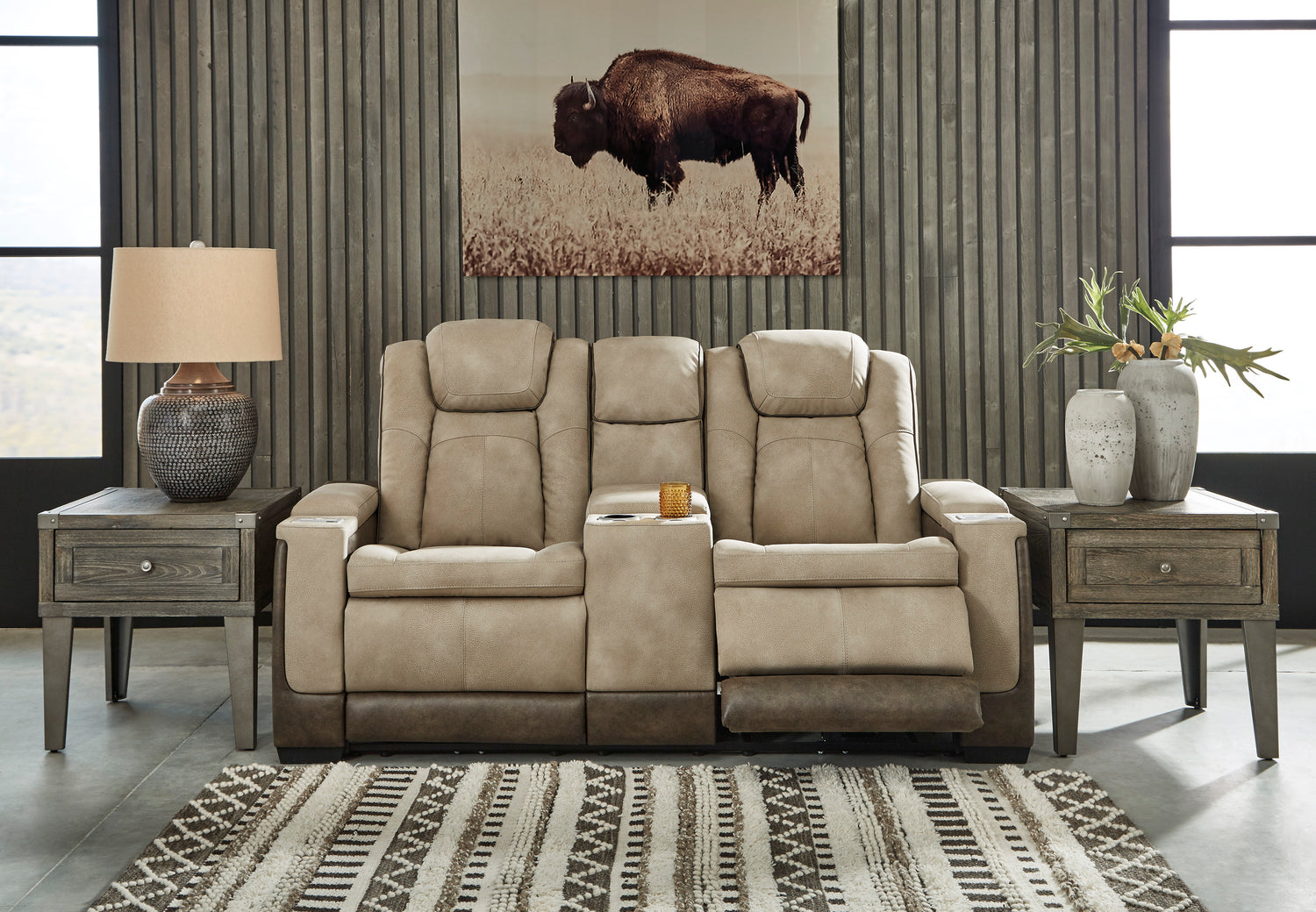 Ashley Sand Next-Gen DuraPella PWR REC Loveseat/CON/ADJ HDRST - Faux Leather - Home Elegance USA