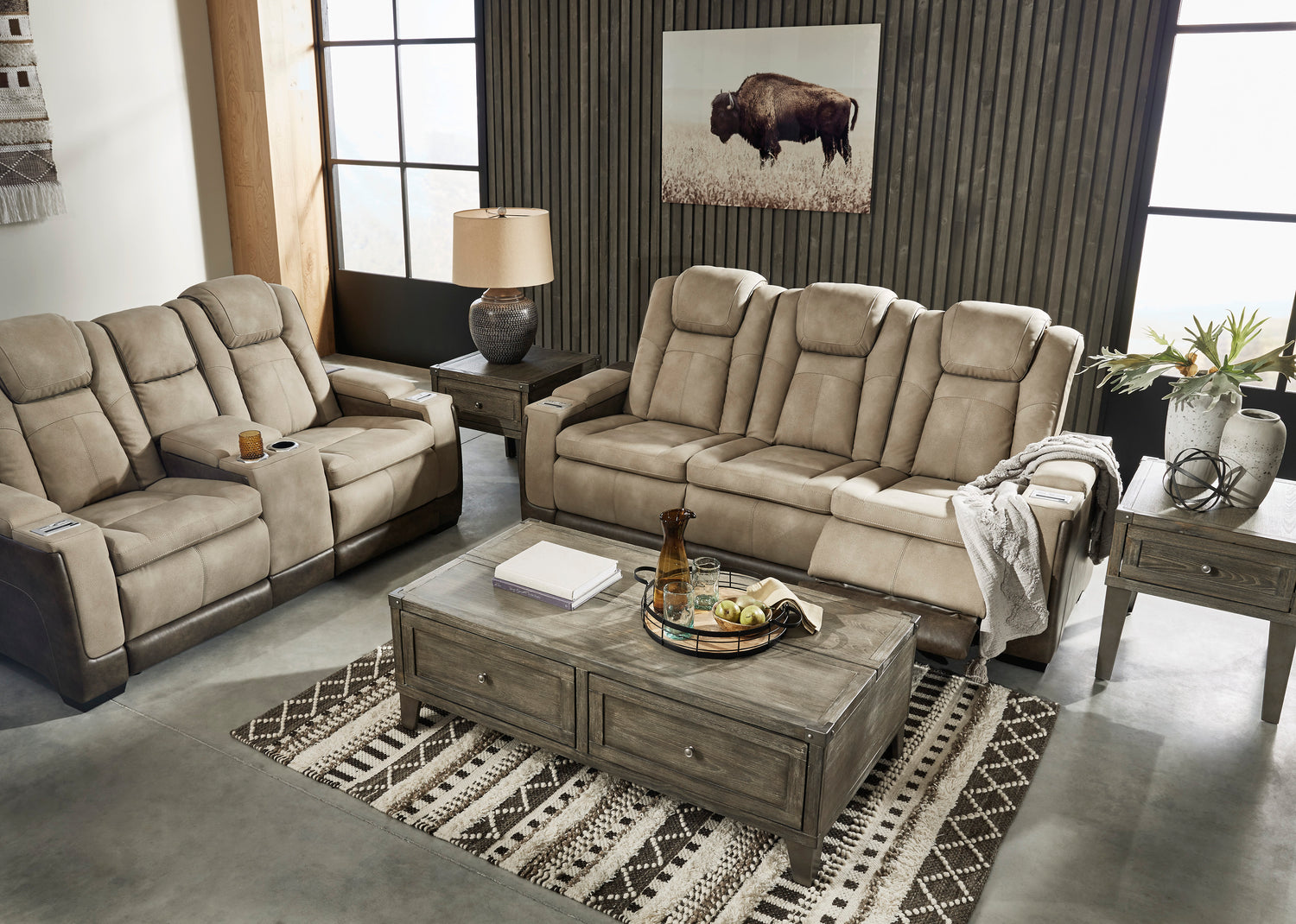 Ashley Sand Next-Gen DuraPella PWR REC Loveseat/CON/ADJ HDRST - Faux Leather - Home Elegance USA
