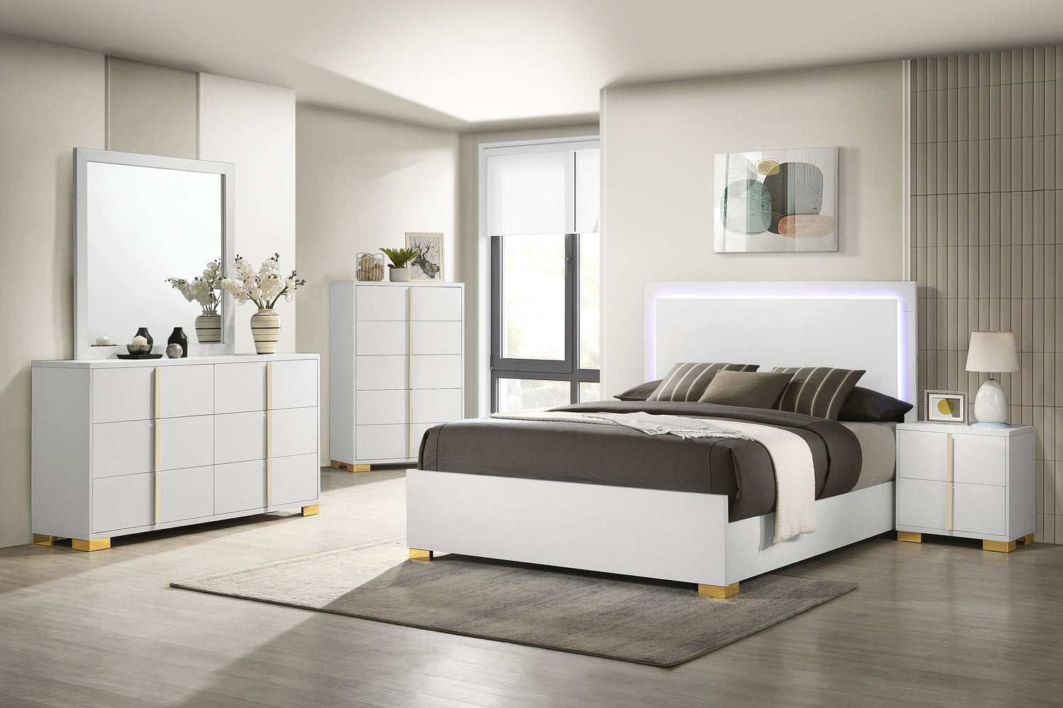 Marceline Wood Queen LED Panel Bed White -  Coaster Furniture