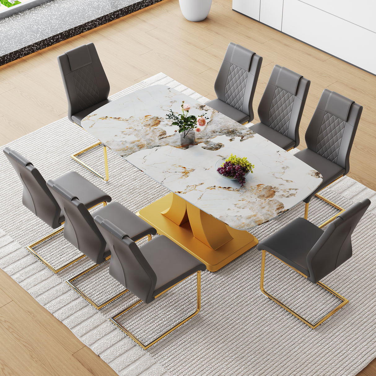 Table and chair set.71'x35.4'x30' Luxurious Pandora Patterned Glass Dining Tabletop with Golden Back To Back C-Shaped MDF Legs.Paried With 8 Dark Gray High-quality PU Chairs With Arched Metal Legs.