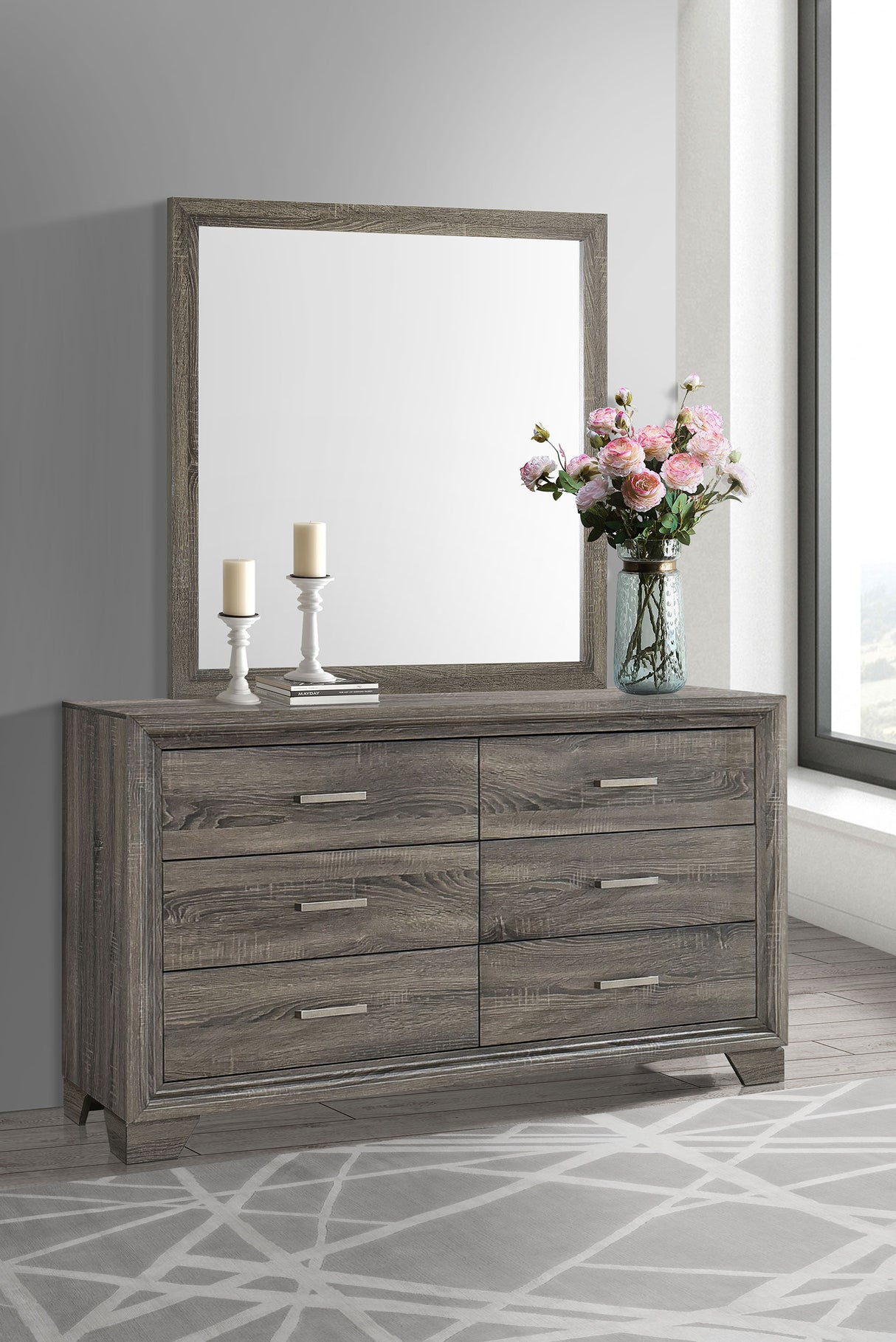 Wright 6-drawer Dresser and Mirror Brown Oak - Home Elegance USA