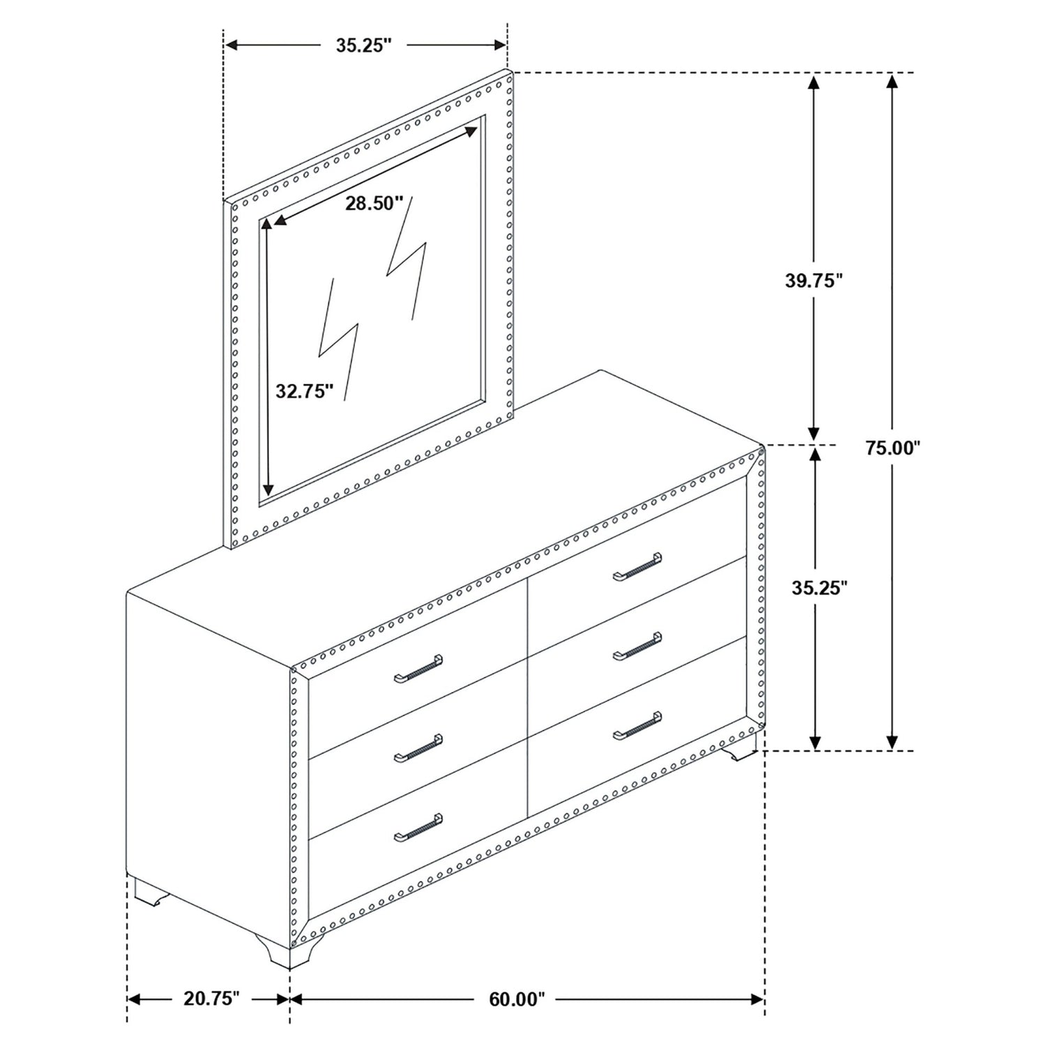 Dresser With Mirror - Melody 6-drawer Upholstered Dresser with Mirror Grey